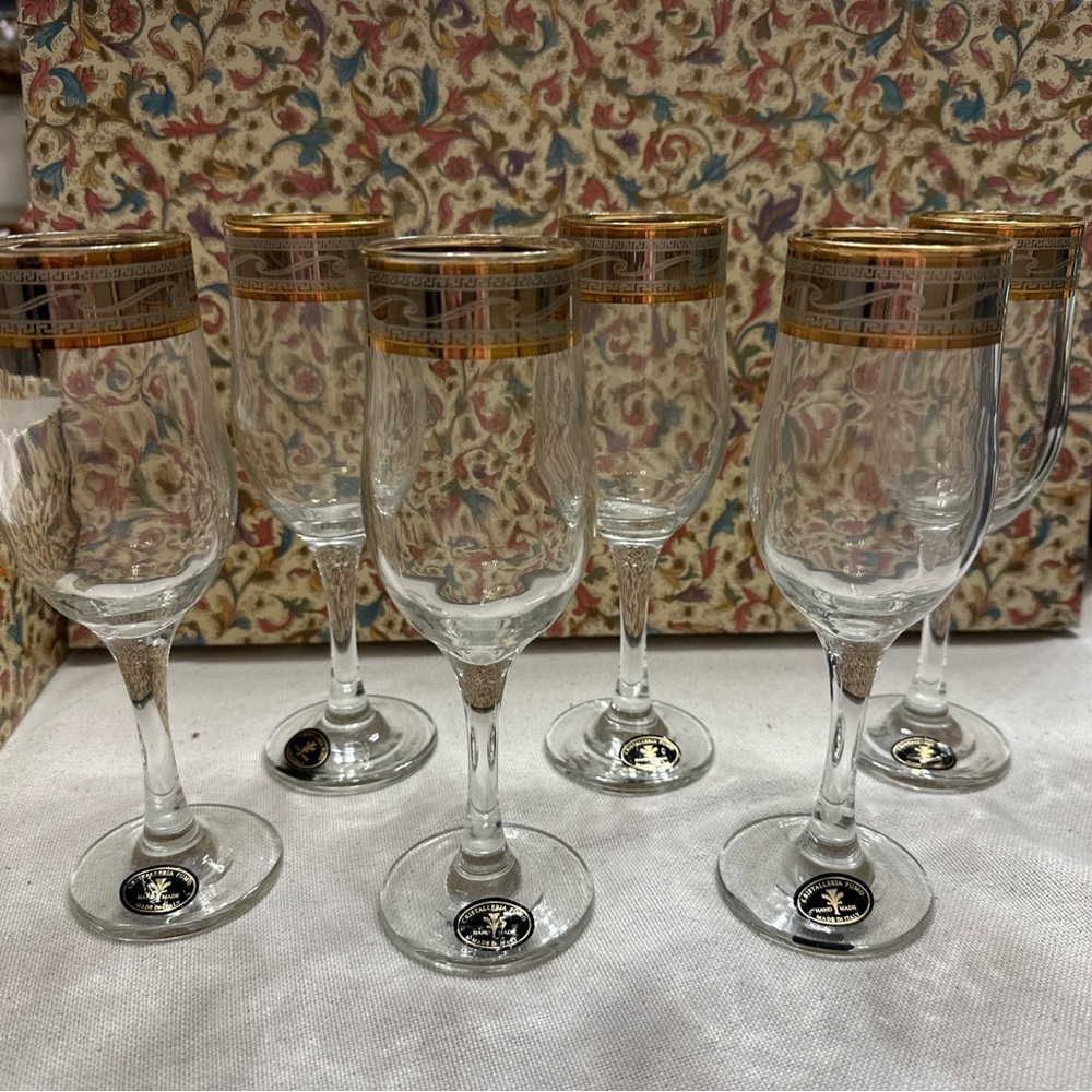 Cristalleria Fratelli Fumo Set Of 6 Italian Handmade Gold Tone Top Wine Glasses